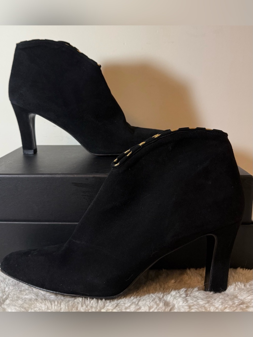 Stuart Weitzman Black Suede Booties w/Gold Chain Details, Great Condition!